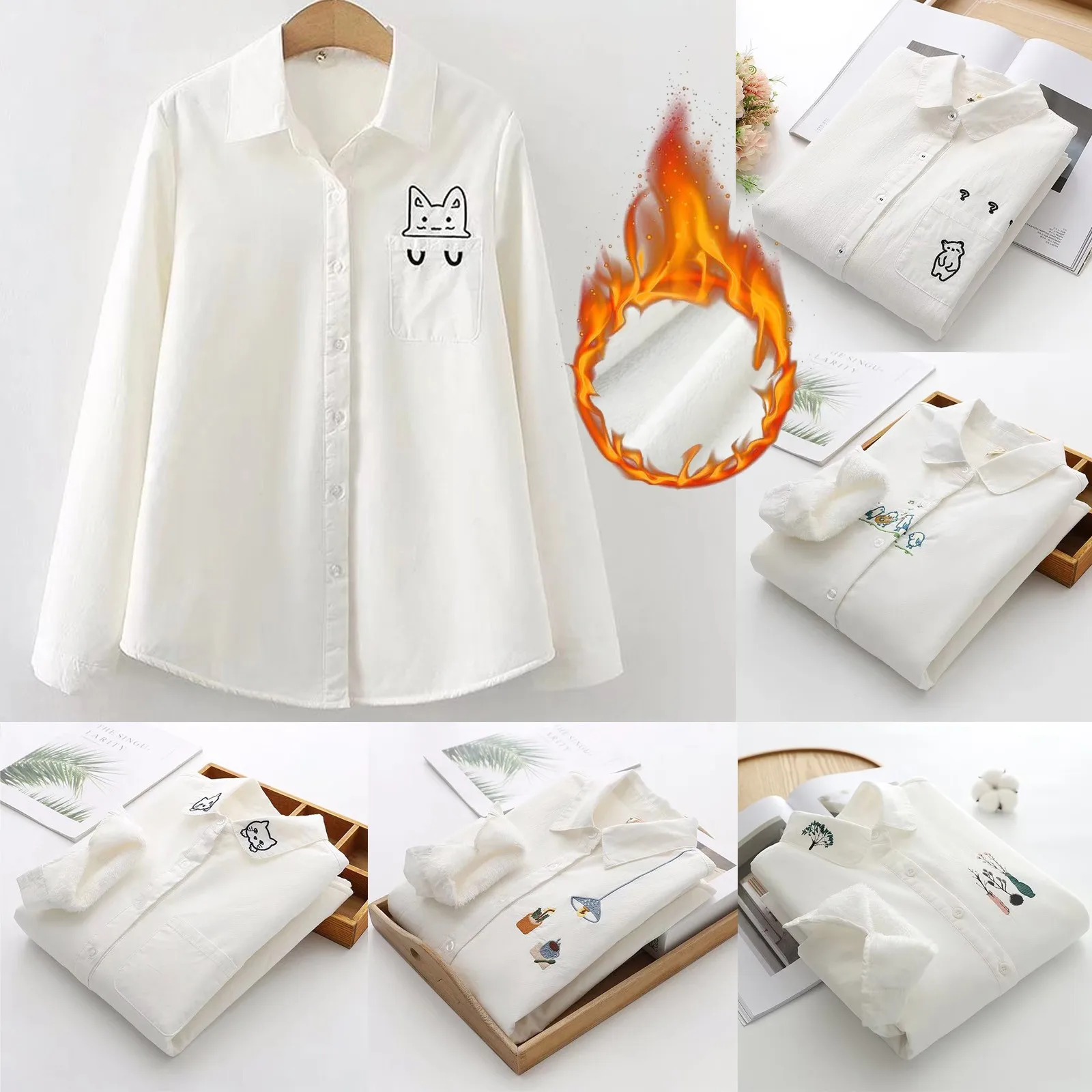 

Women Kawaii Embroidery Shirt Korean Fashion Bluse Solid Button Shirt Long Sleeve Top Blouse Shirts & Blouses Blusa Mujer Moda