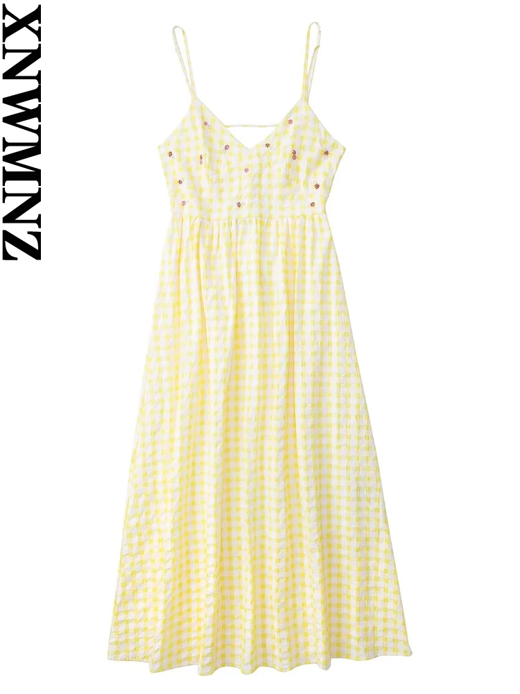 

XNWMNZ summer woman fashion gingham check midi dress women vintage v-neck adjustable thin straps Plaid backless dresses women's