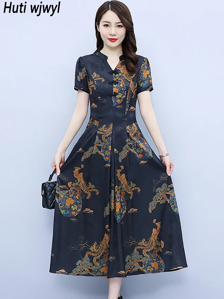 

Women Silk Jacquard Short Sleeve Casual Midi Robe 2023 Vintage Elegant Bodycon Party Dress Summer Chic Prom Evening Maxi Vestido