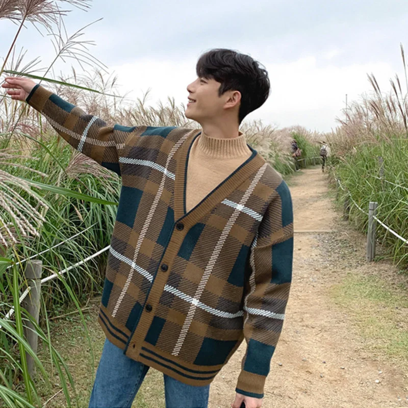 Клетчатый мужской кардиган с узором пальто новинка весны однобортный