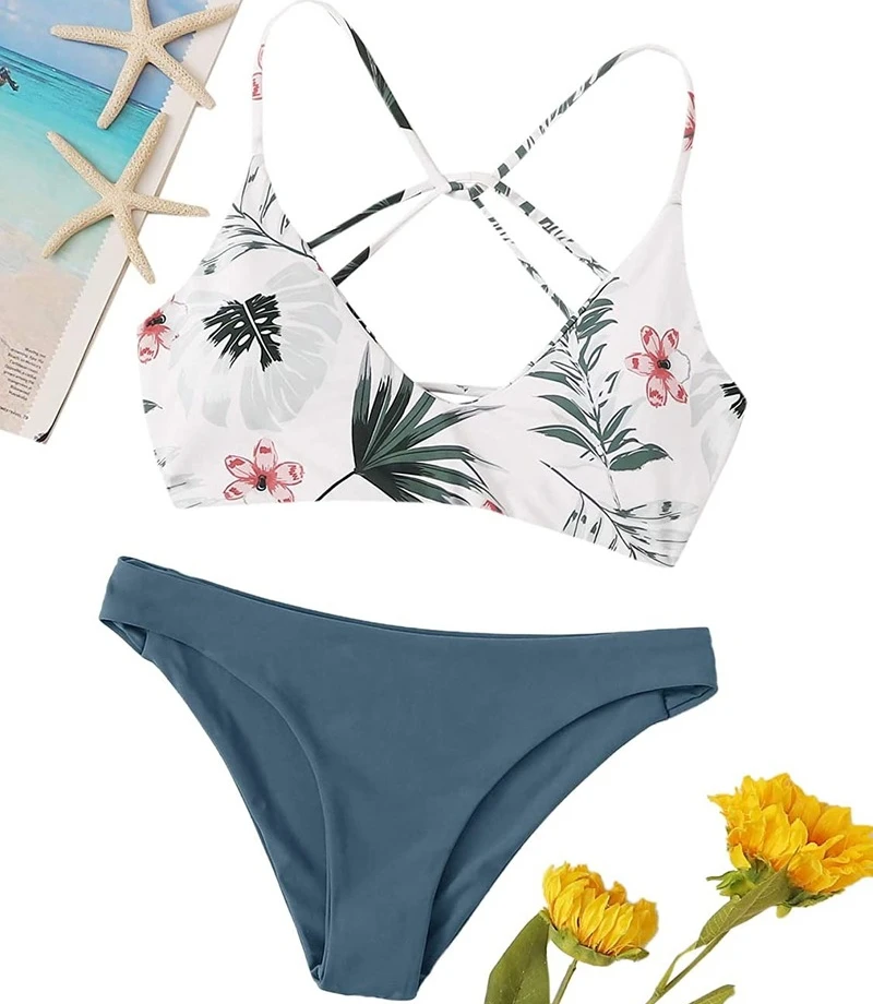 

2022 Women's Sexy Bathing Suit Floral Print Cross Back Bikini Set Swimsuits