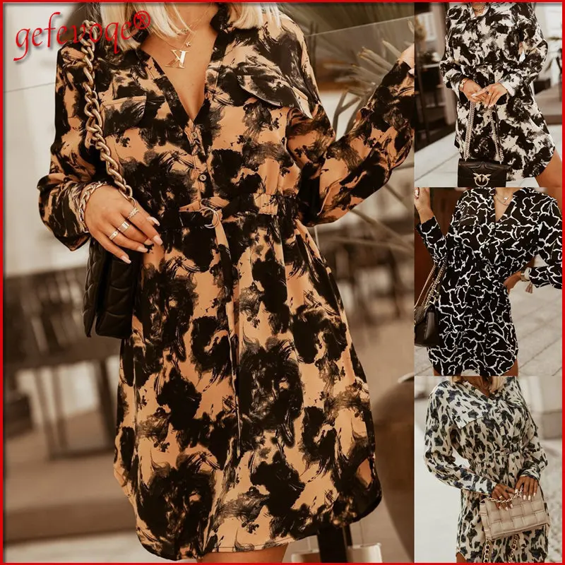 

Women Elegant Button Shirt Party Dresses Office Ladies Fashion V Neck Pocket Long Sleeve Bandage Tunic Mini Dress 2022Spring New