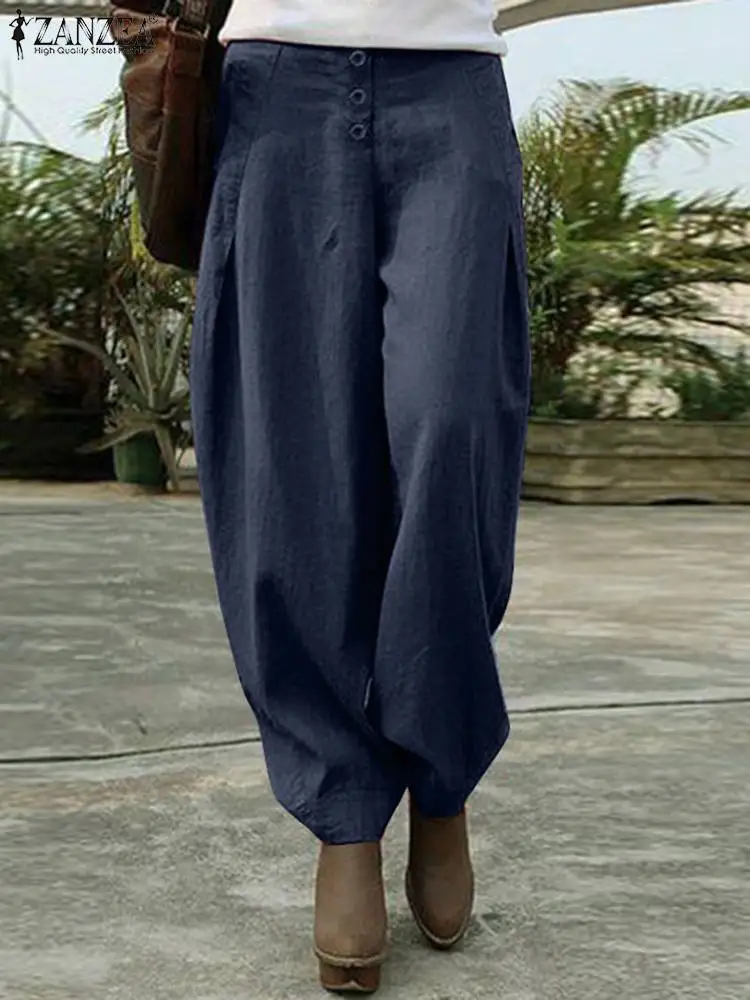 

ZANZEA Women Elastic Waist Harem Pants Vintage Summer Casual Loose Long Pantalon Oversize Turnip Palazzo Solid Cotton Trousers