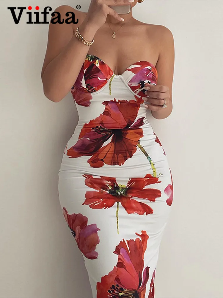 

Сексуальное Обтягивающее Платье-футляр без бретелек viидеи сердца с цветочным принтом элегантные вечерние женские летние платья миди