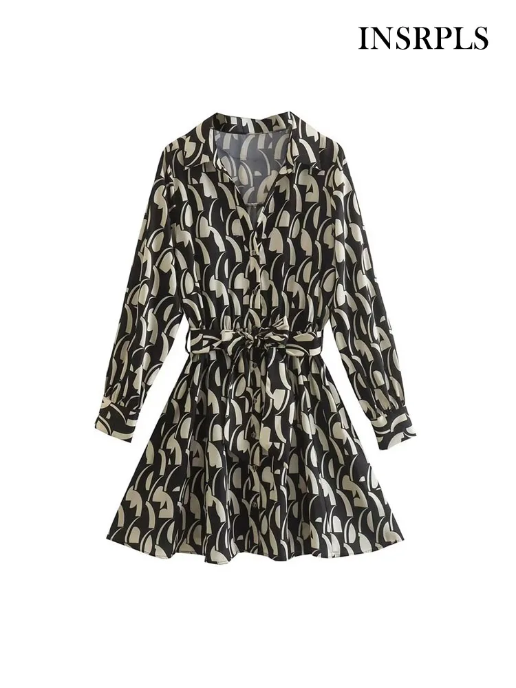

INSRPLS Women Fashion With Belt Printed Mini Shirt Dress Vintage Long Sleeve Front Button Female Dresses Vestidos Mujer