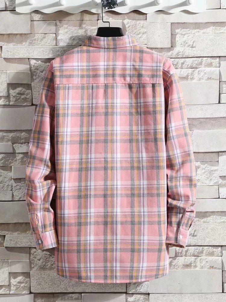 2022 New Pink Plaid Fleece Shirt Thickened New Casual Shirt Men's Business Slim Japanese Shirt Men's Fashion Clothing Mens