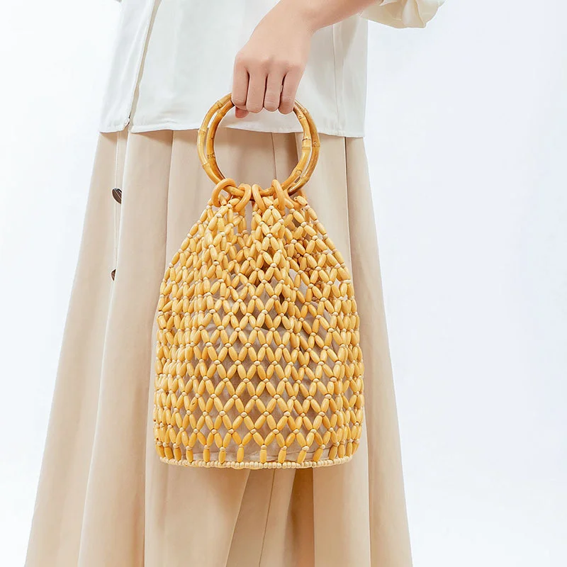 

Fashion Hollow Beading Women Handbags Wooden Round Handle Hand Bags Handmade Summ Beach Bag Large Tote Holiday Purses 2023 Sac