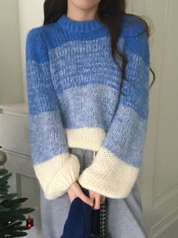 

Элегантный женский пуловер с длинным рукавом и круглым вырезом, зима 2022, полосатый контрастный вязаный свитер с градиентом, красивый топ M144