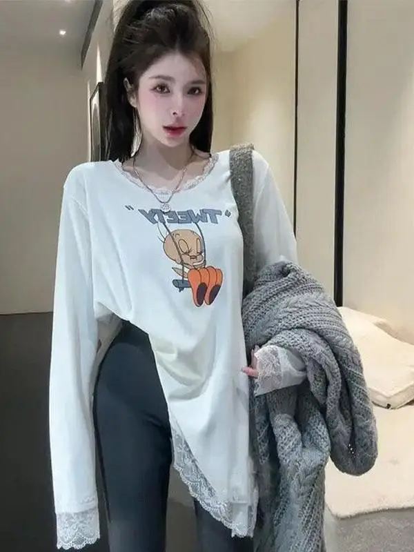 Korean Sle Brushed Lazy Loose Patchwork Lace T-shirt Women Autumn and Winter New Cartoon Print Long sleeve Bottoming Shirt Top