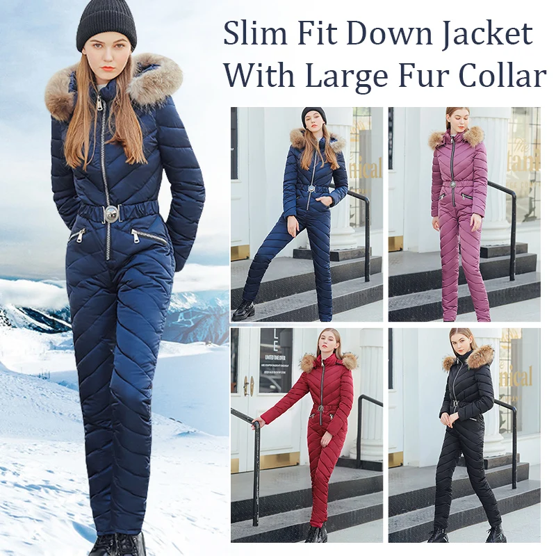 New Winter One-piece Ski Suit Down Jacket Fashion Slim Waist Thickened Warm Outdoor Sportswear Ladies Fur Collar Cotton Suit