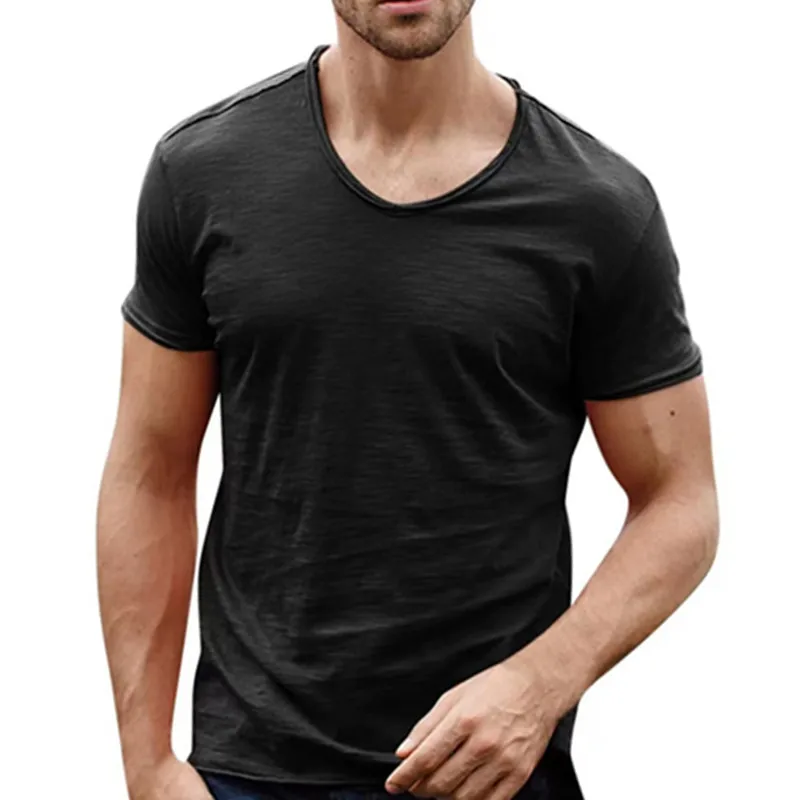 

2023Summer New Men Brand Quality 100% Cotton Short Sleeve Tshirt Mens V Collared Fashion Slim Fit Black Tshirts Camisetas Hombre