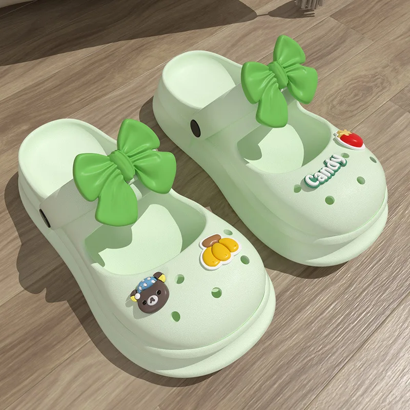 2023 Girls' Bow Tie Big Head Hole Shoes Women's Summer Home Indoor Thick Sole Anti slip Students Wear Cool Slippers Outside