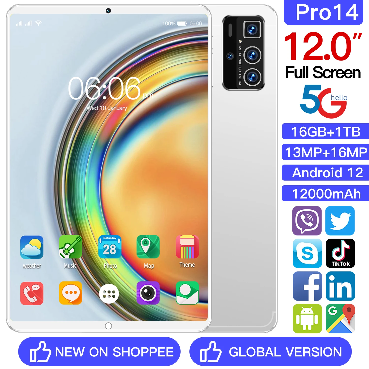 

Оригинальный 12-дюймовый планшет Pro14, Android 12, 16 ГБ + 1 ТБ, 13 + 16 МП, 12000 мАч, Bluetooth 5,0, графика для путешествий, Wi-Fi, поддержка высокой четкости, Глобальные Языки