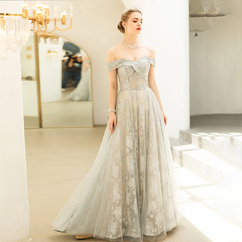 

Evening Dress Off The Shoulder Elegant Appliques Floor-Length Boat Neck Sequins A-Line New Plus Size Women Formal Gowns TS082