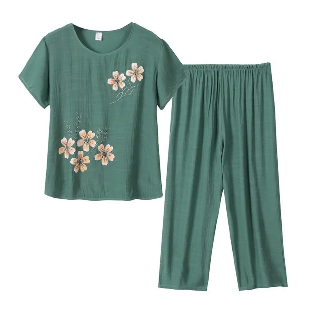 

2 Pcs/Set Women Top Pants Set Women Summer Pajamas Set O Neck Flower Print Grandma Style Elastic Waists Summer Pajamas Set