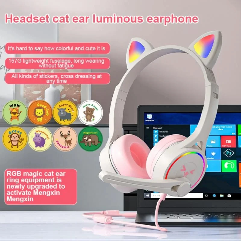 SY-G30 RGB luz проводной jogos fones de ouvido com adesivos bonitos microfone alta fidelidade canal música gato orelha Makanan f