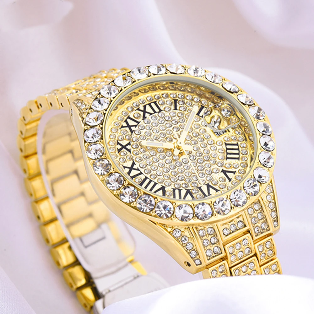 2Pcs Watch Bracelets Luxury Cubic Zirconia Stainless Steel Watches Hip Hop Fashion High Quality Stone Bracelet Set With Box