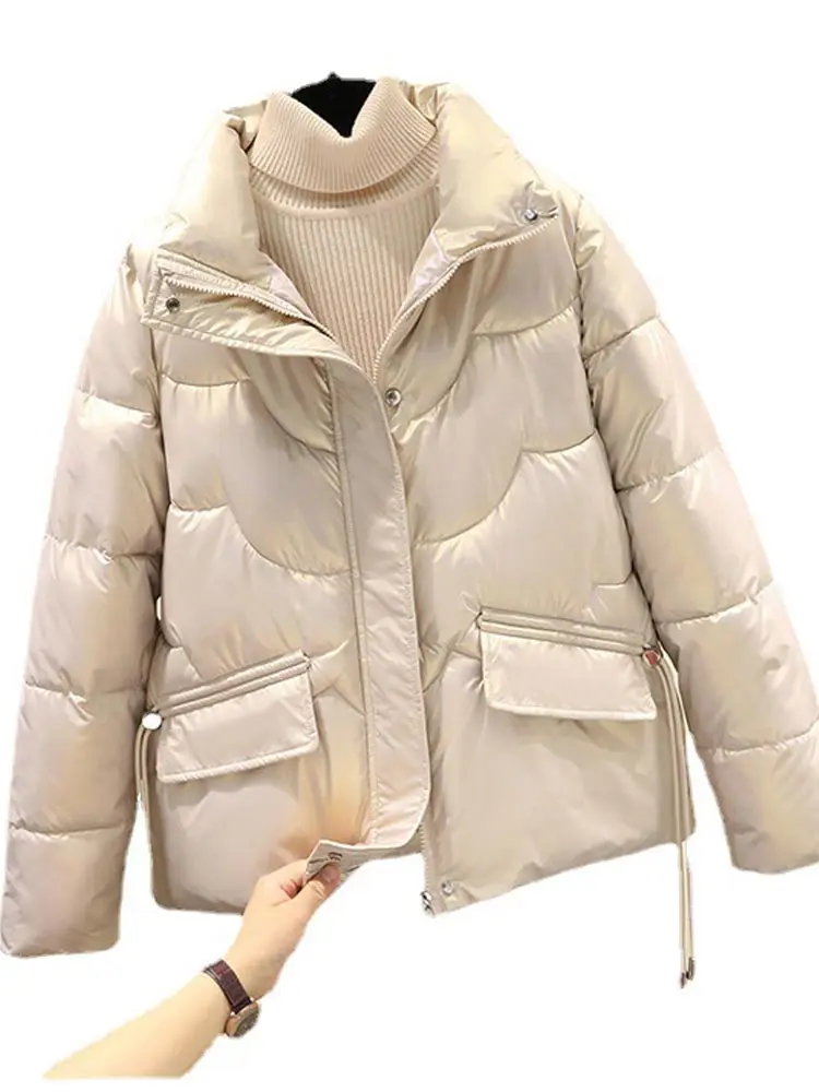 GRELLER 2022 New Casual Short Parkas Women Fashion Stand Collar Winter Coats Women Clothes Elegant Cotton Padded Jackets 4XL