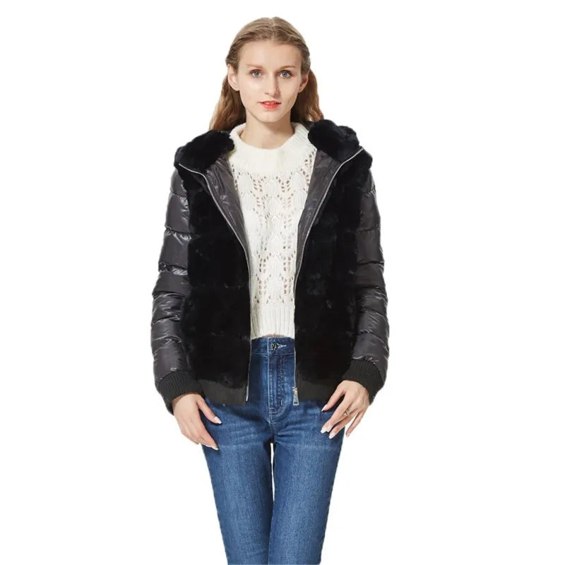 

Real Rex Rabbit Fur Overcoat With Hood Down Coat Jacket Lady Long Sleeves Real Fur Bomber Coat Hooded With Down Fur Outerwear
