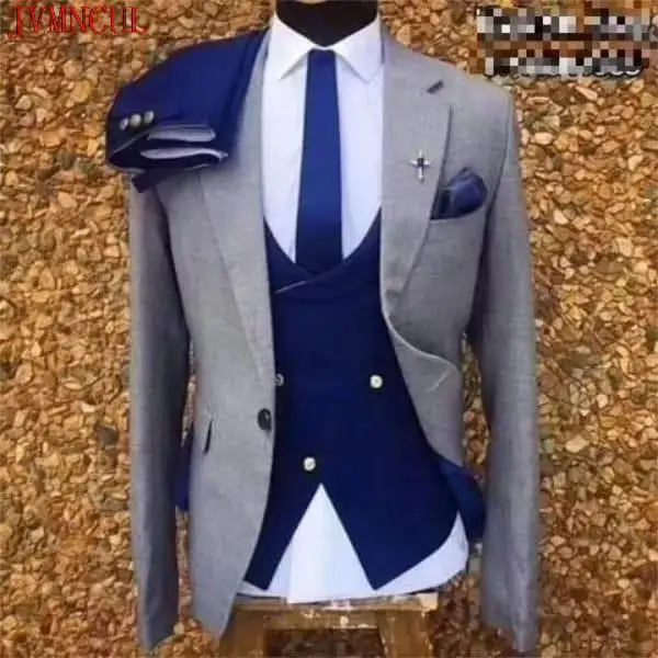 2022 Grey Blue Slim Fit Italian Suit Men Blazer Formal Groom Tuxedo Men Suit for Prom Jacket Costume Homme Mariage 3 Pieces