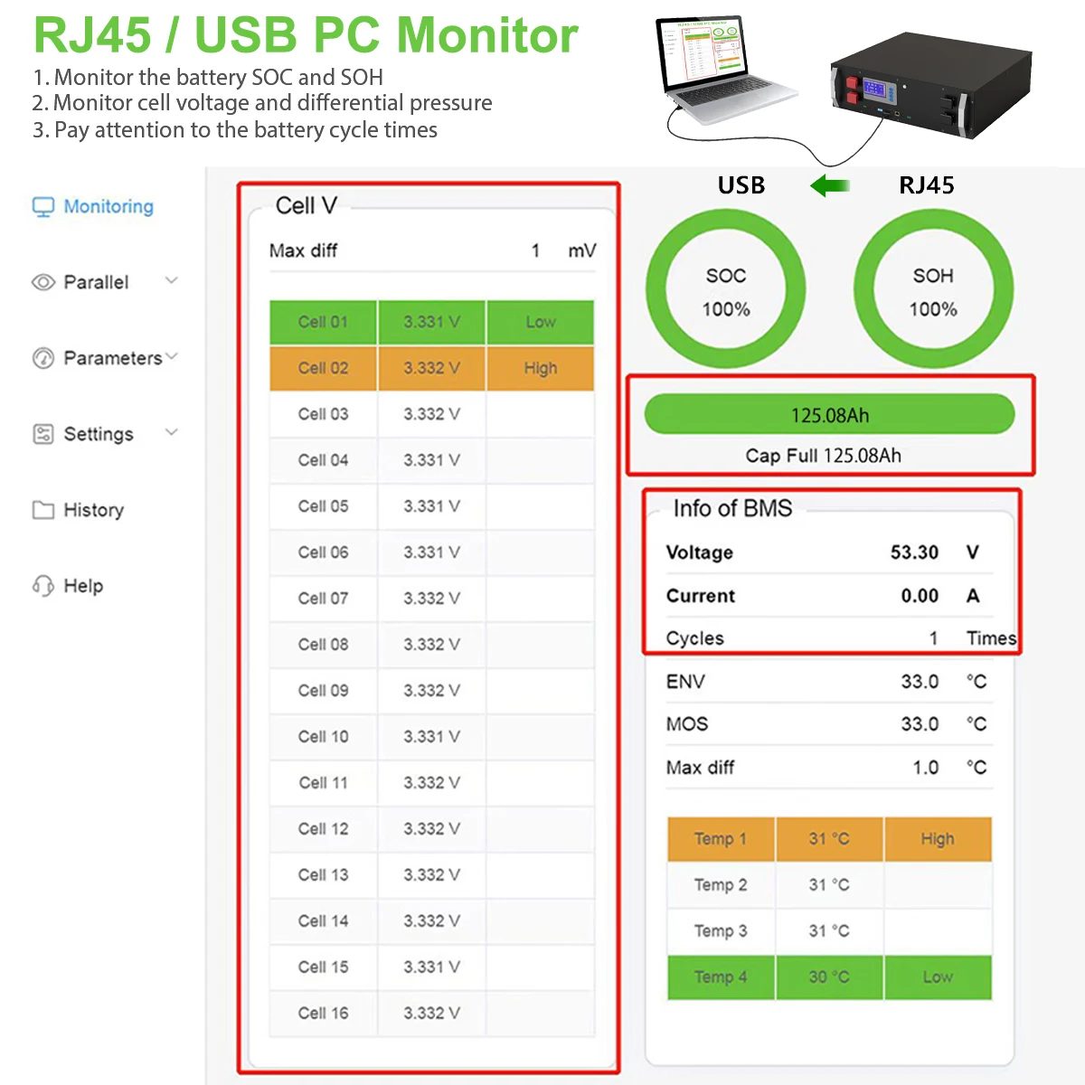 Аккумуляторная батарея LiFePO4 48 В 6000 а/ч 51 2 циклов кВтч RS485 CAN монитор ПК 16S BMS в PV
