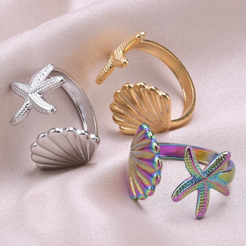 

1pc Stainless Steel Rings For Women Vintage Opening Electroplated Adjustable Personality Gift Shell Starfish Shaped Finger Ring