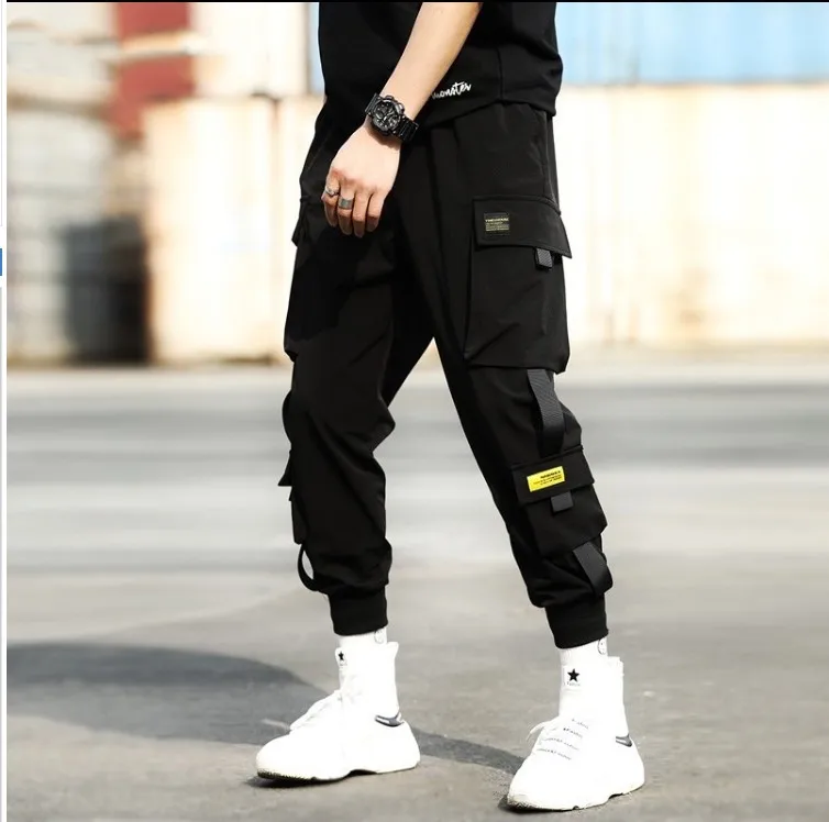 

Classic Streetwear Casual Pants Men Ribbons Harem Jogging Pants Male Slim Fit Spring Cargo Pants Multi-Pockets Women Trouser