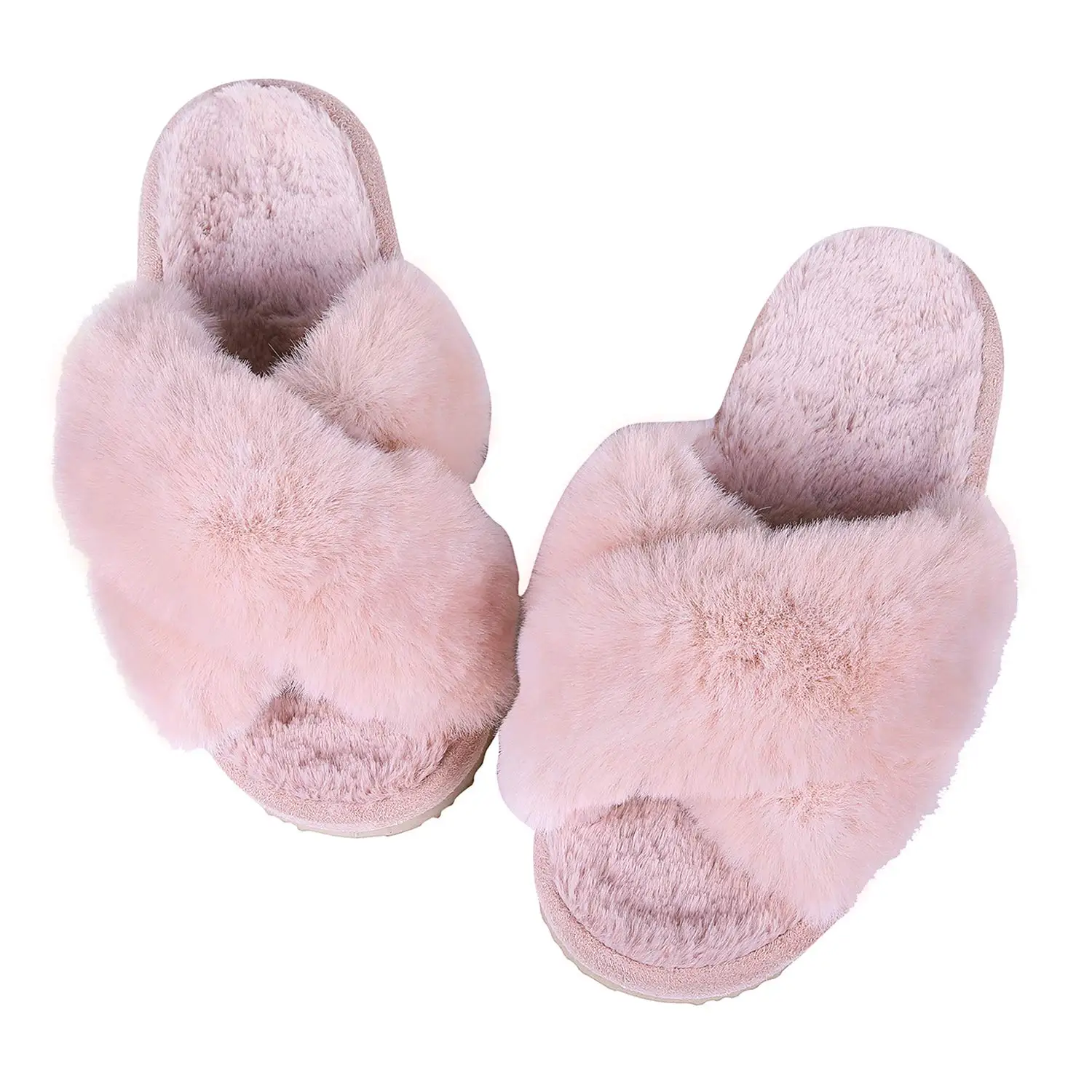 Litfun Fashion indoor Women Furry Slippers Summer Cross Fluffy Fur Home Slides Thick Sole Indoor Floor Shoes Ladies Flip Flops