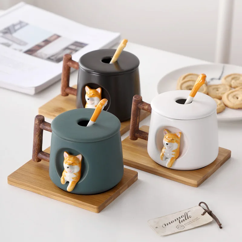 

Newest Creative Design Water Coffee Mug Ceramic Cartoon Dog Cup With Spoon Wooden Holder Potcelain Teaware Set Girls Gift