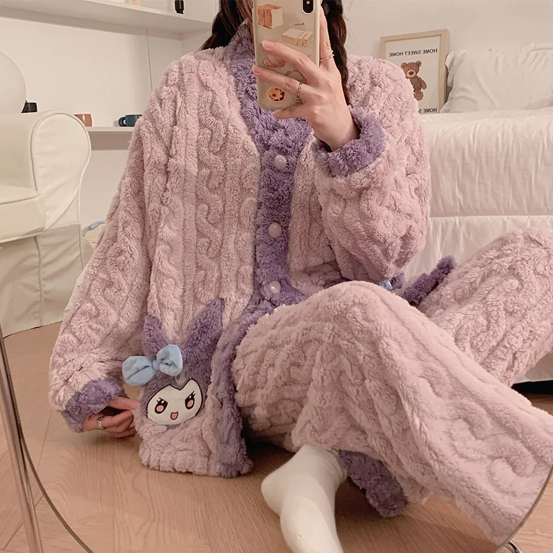 

Anime Kawaii Sanrio Hello Kitty Kuromi My Melody Women's Pajamas Autumn Winter New Coral Velvet Plus Velvet Thickened Home Set