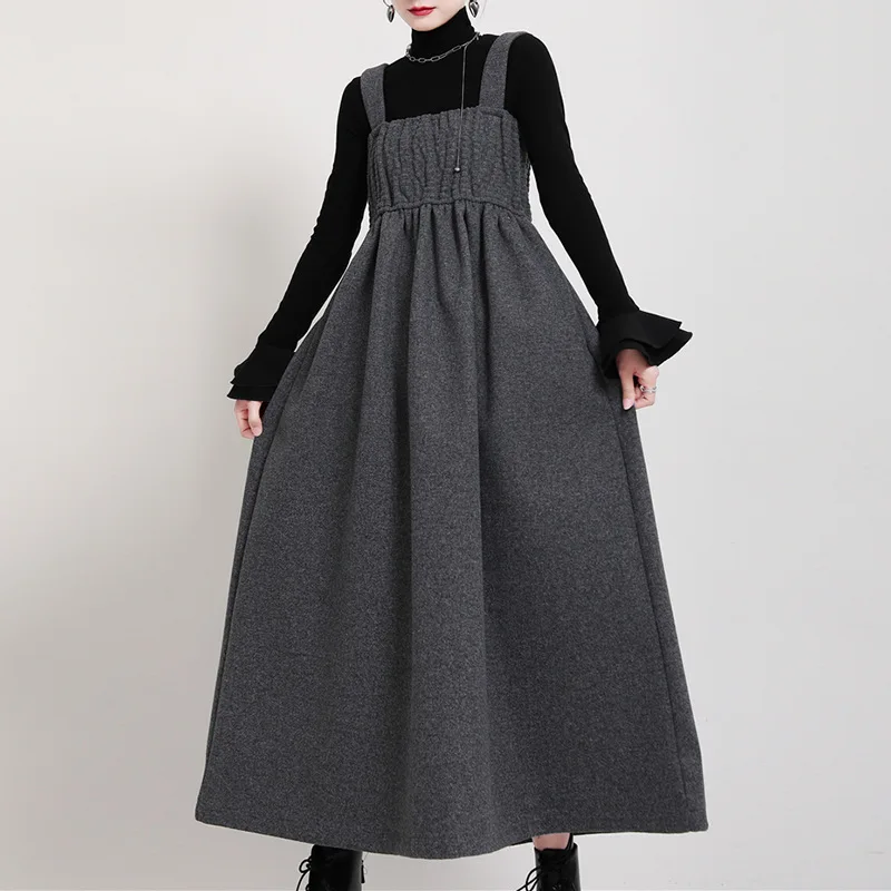 

Sundress Dress Women Woolen 2022 Pleated Suspender Skirt Loose One-piece Fashion Swing Dresses Autumn Winter Black Long Clothing
