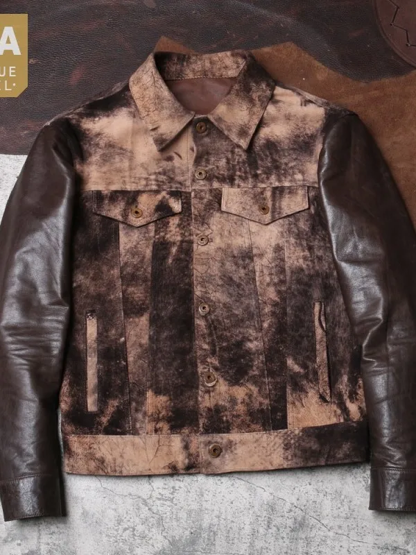 

Genuine Leather Jacket Designer Mens Vintage Patchwork Long Sleeve Slim Fit Cargo Coat Male Single Breasted Safari Style Jackets
