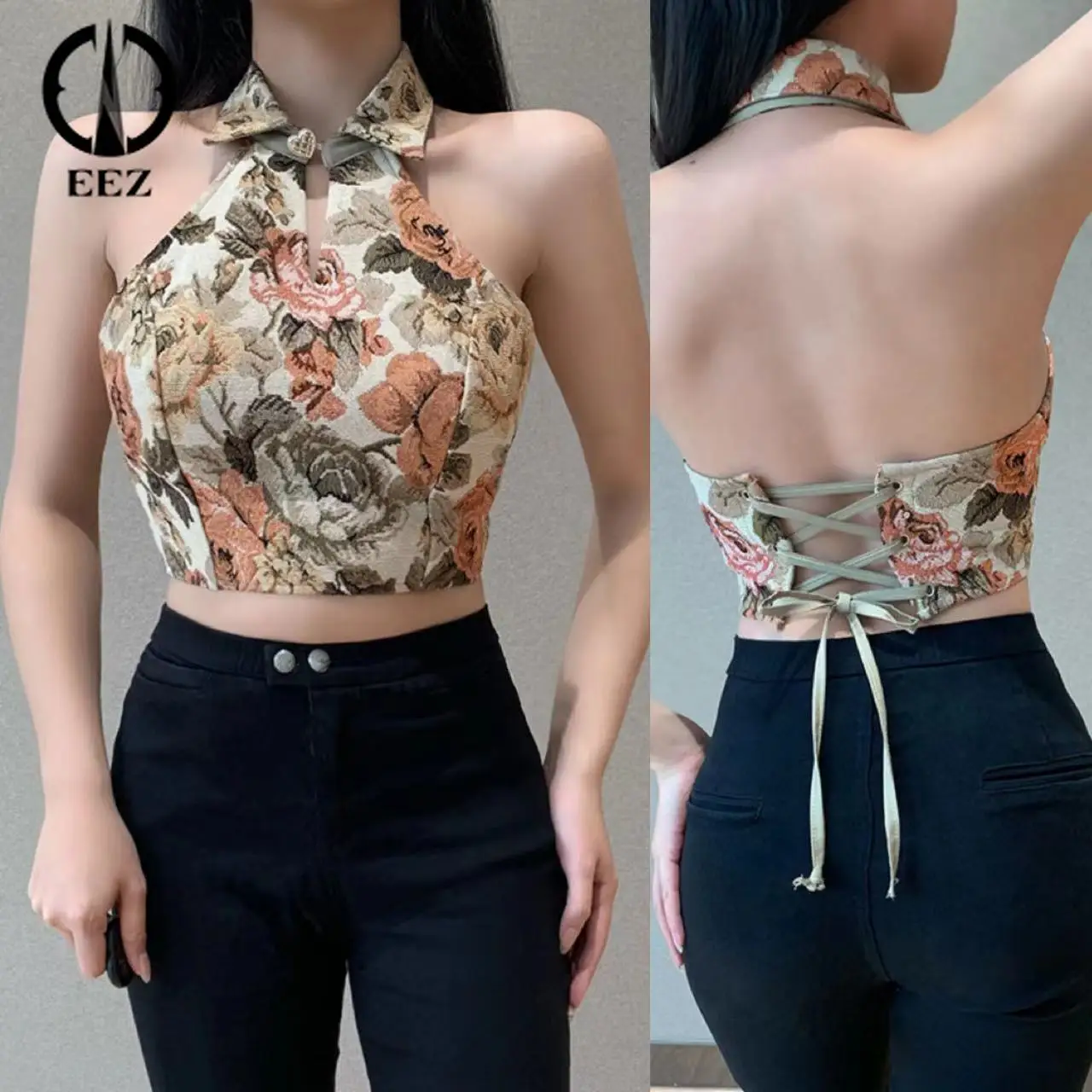 

Женский винтажный укороченный топ с цветочной вышивкой