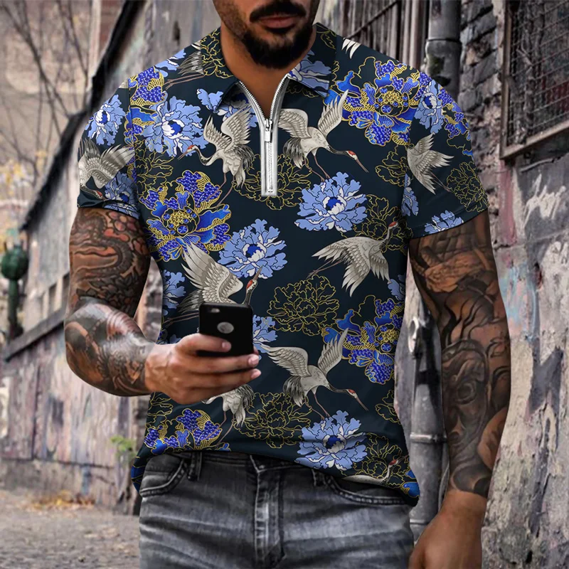 

Summer 2022 New Men's Lapel Polo Shirts Fashion Zip Short Sleeves Floral 3D Printed Shirts Pattern Hip Hop Tops Mens
