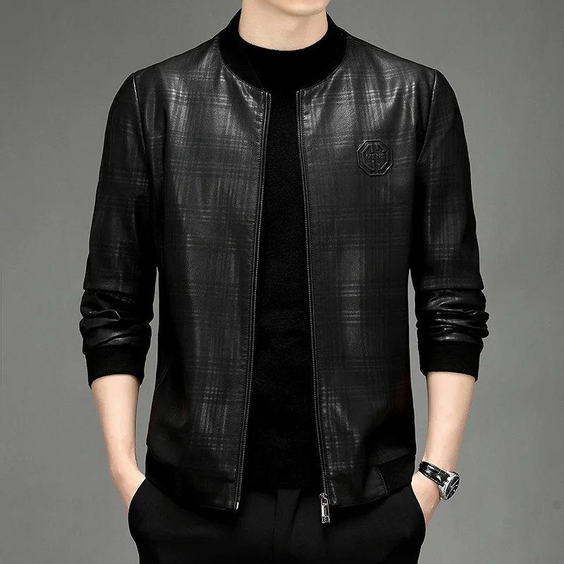 

Spring and autumn new men's clothes slim fit short baseball collar thin soft leather casual jacket