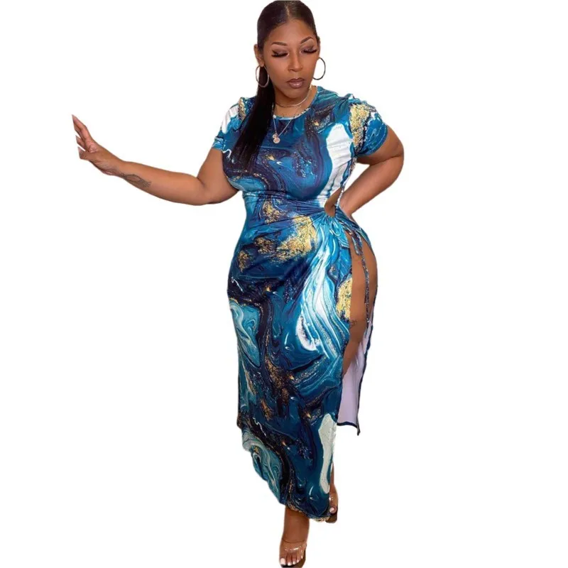 

African Summer Fashion Large Size Casual Women's Sexy Slit Binding Waist Closed Printed Round Neck Short Sleeved Dress 2023 5XL
