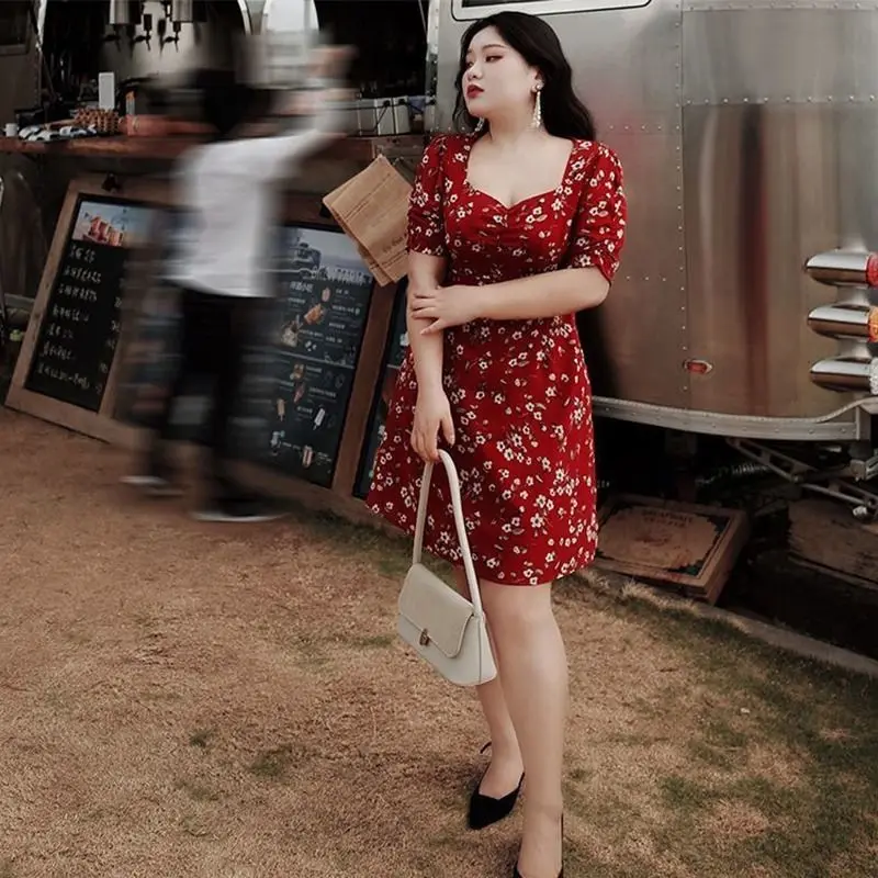 

Large Size Dress New Square Collar Red Floral Printed Dress Women's Retro Chiffon Skirt Woman Dress Vestido De Mujer Femme Robe
