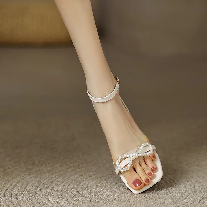 

2022 Summer Fashion Transparent Block Low Heels Women Slingback Sandals Pearls Butterfly-knot Open Toe Ankle Strap Shoes Woman