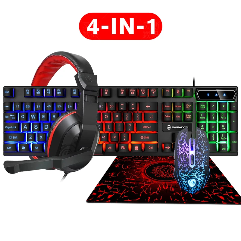 

4 in 1 Gaming Keyboard Mouse Headset Set 104-Key RGB Backlit Keyboard Optical Mouse Dual 3.5MM Interface Headset Combos for PC