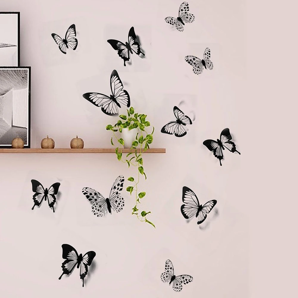 

12/24PCS 3D Butterfly Wall Stickers 12/10/8cm Plastic Black Butterflies Wall Decals Bedroom Home Decoration