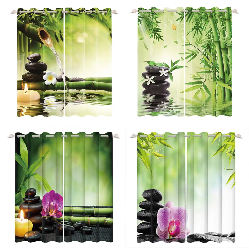 

Zen Window Curtains Zen Stone Water Lily Bamboo 3D Printed Treatment Drapes Suit Bedroom Living Room Sunshade Perforated Curtain