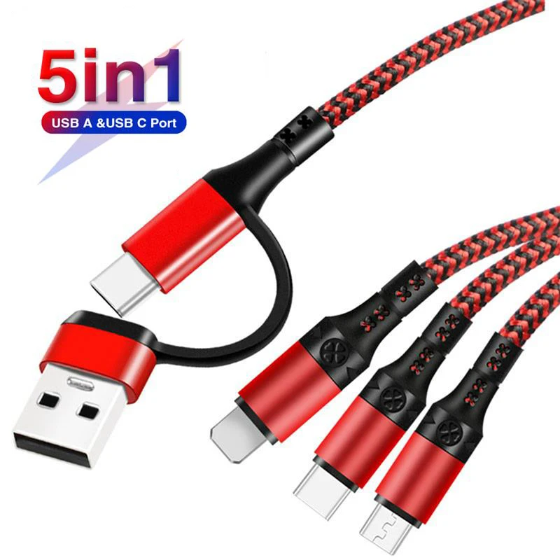 Фото Мульти-кабель для зарядного устройства типа C 5в1 Usb C To C Зарядный провод Typec Micro Usb Cabos 1,2 м для Samsung S25 Ultra Iphone Xiaomi Pixel №1