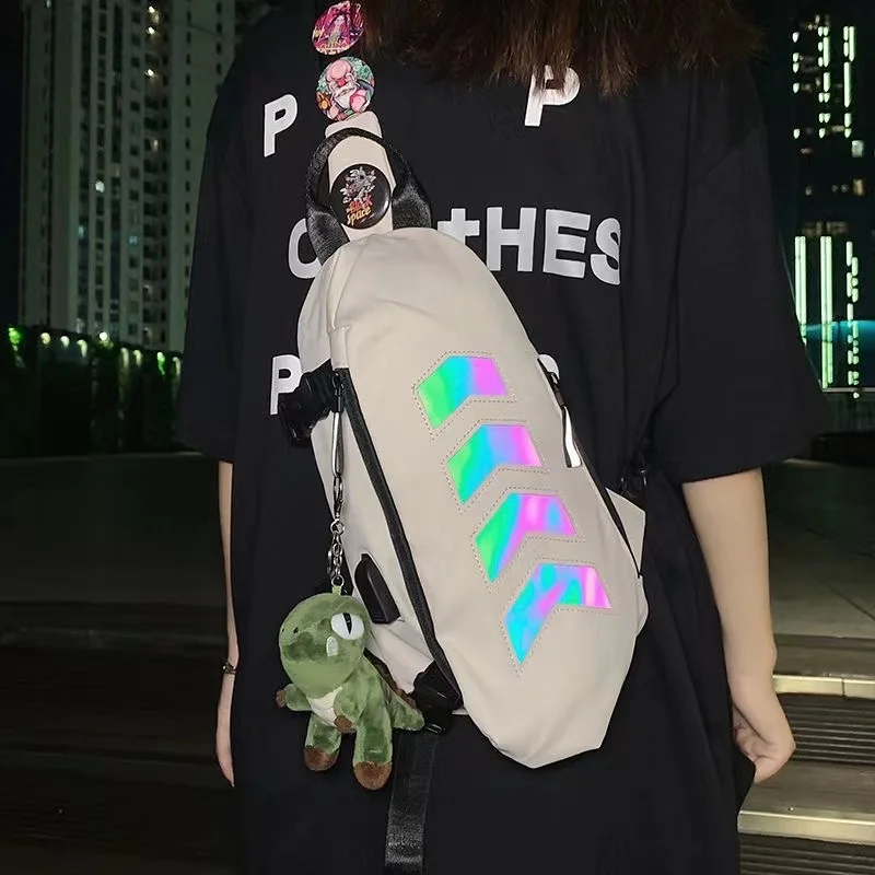 Unisex Reflective Strip Sling Backpack Girls Fashion White Cross Body Purse Mens Black One Shoulder Back Pack Chest Bag for Boys