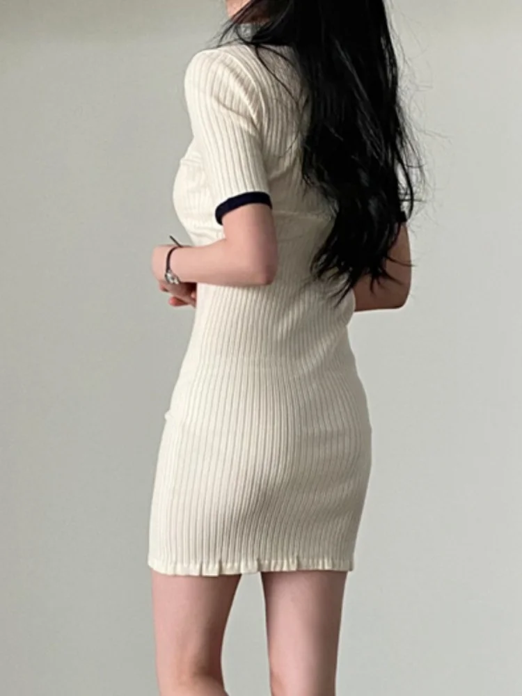 

2023Casual elegant slim sexy dress, Vintage Knitted Women Dresses Bodycon Sexy Korean Chic Contrast Color Vestidos Short Sleeve