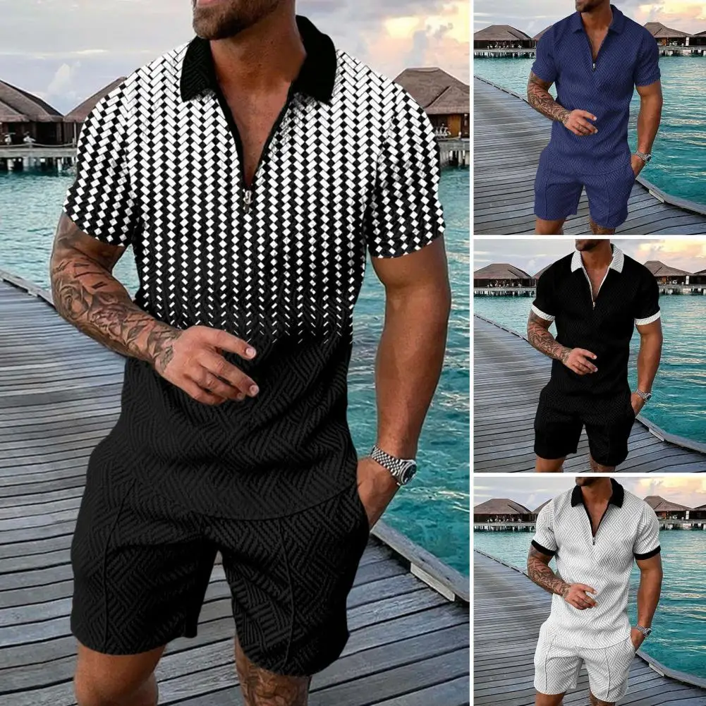 Fashion Handsome Short Pants Elastic Waist Print Men Tops Shorts Set Zip Up Men Tops Shorts Set Male Clothing