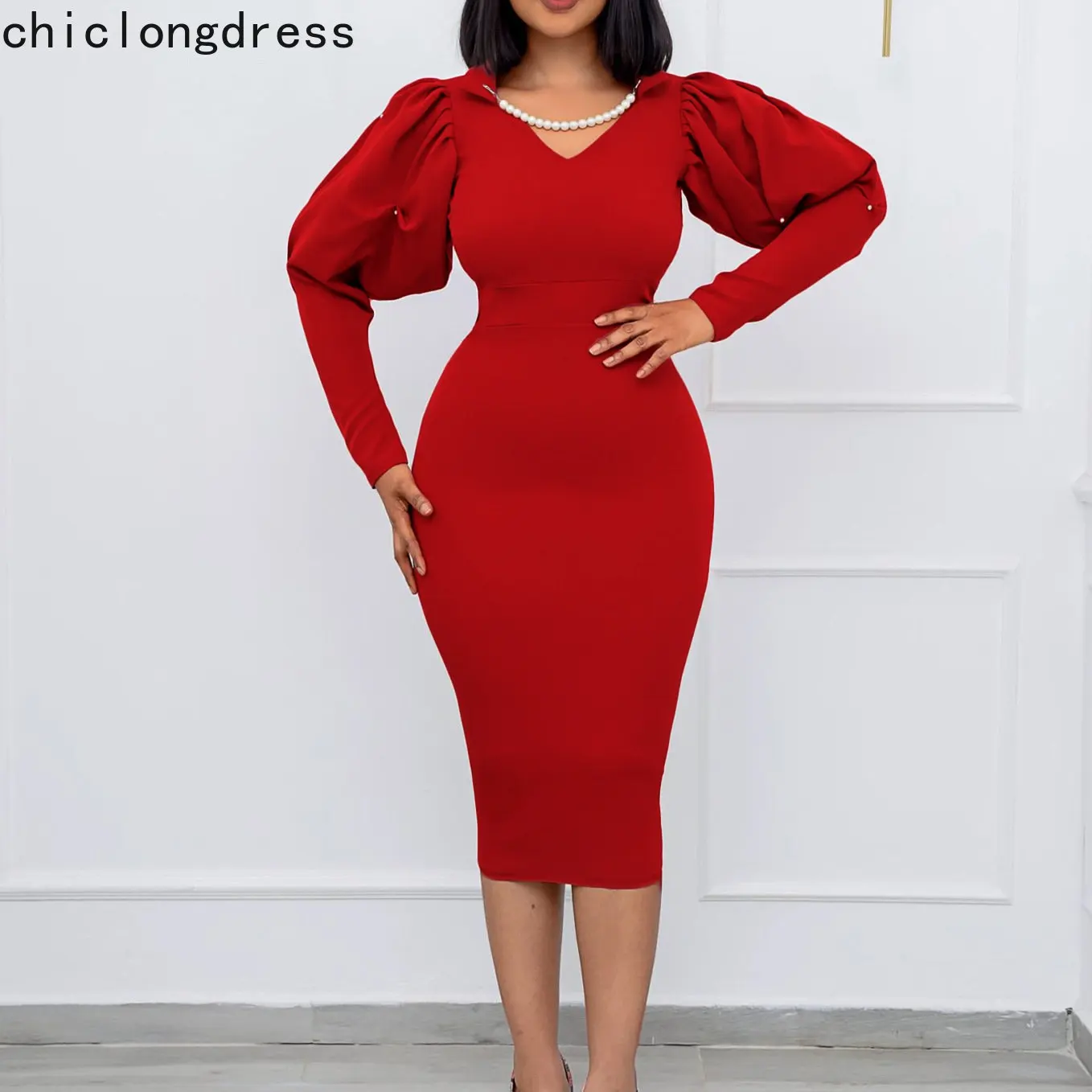 Купи Autumn Winter Fashion Pearl Puff Sleeve Slim Dress Women Elegant Office Ladies Solid V-neck Puff Sleeve Pencil Dress Women за 1,253 рублей в магазине AliExpress