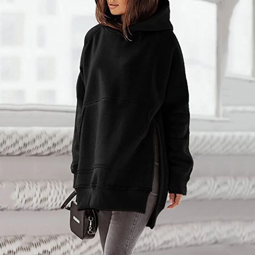 

New Long Sleeve Round Neck Plush Sweater Solid Pocket Loose Hooded Casual Fashion Women's Dress