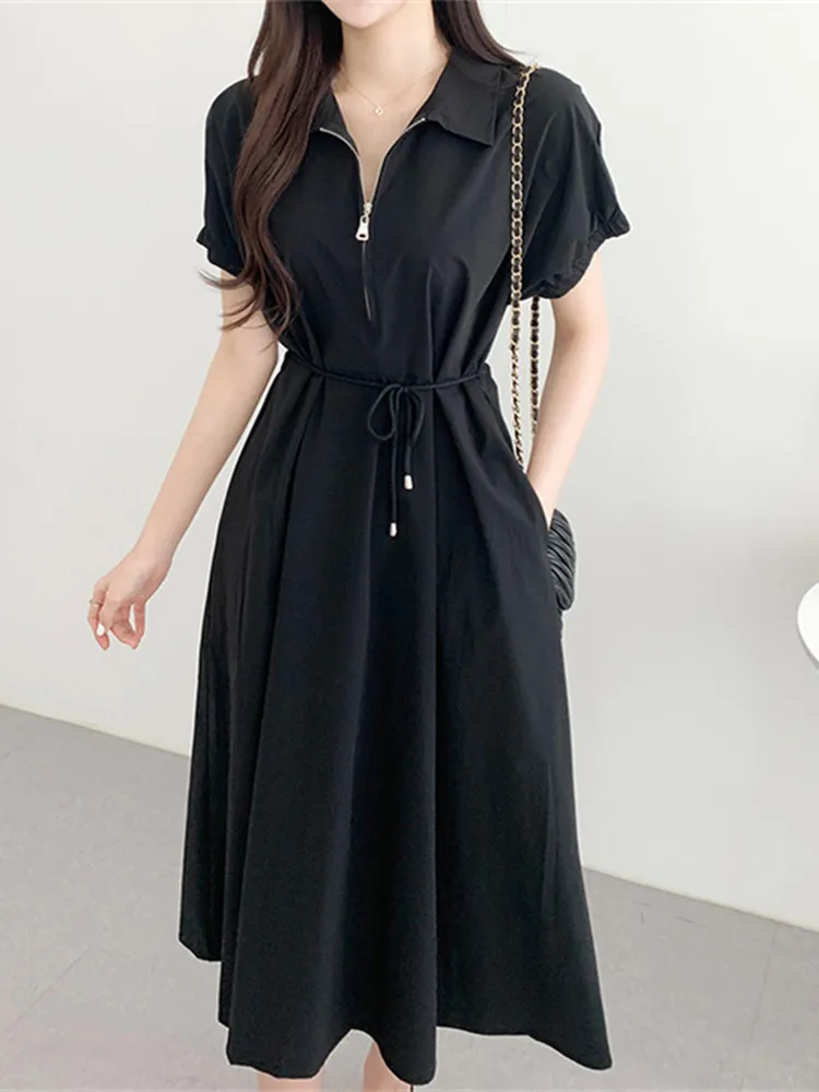 

2023 Summer New Korean Version Long Dress Women's French Casual Style Lace up Waist Dress