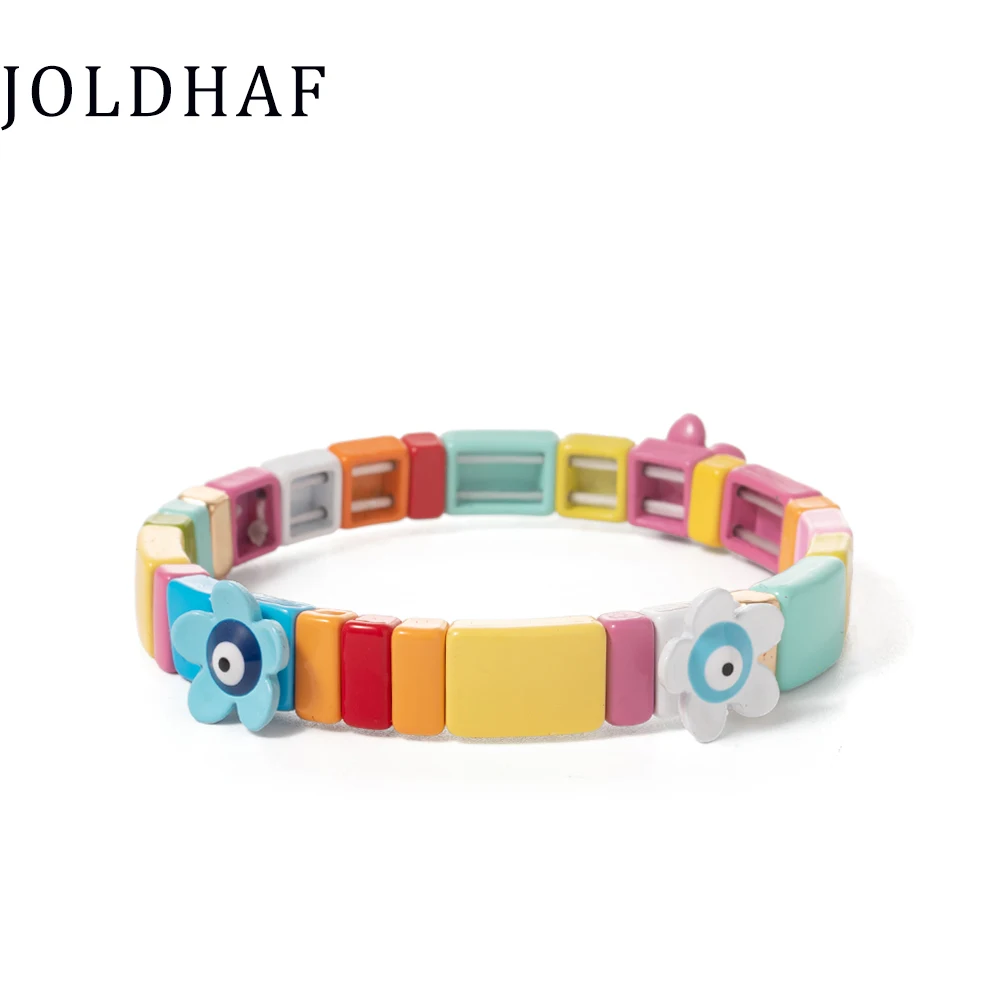 

2022 New Design Flower Bracelets Handmade Colorful Elastic Enamel Bracelets For Women Eye Charm Metal Bangle Beads Jewelry