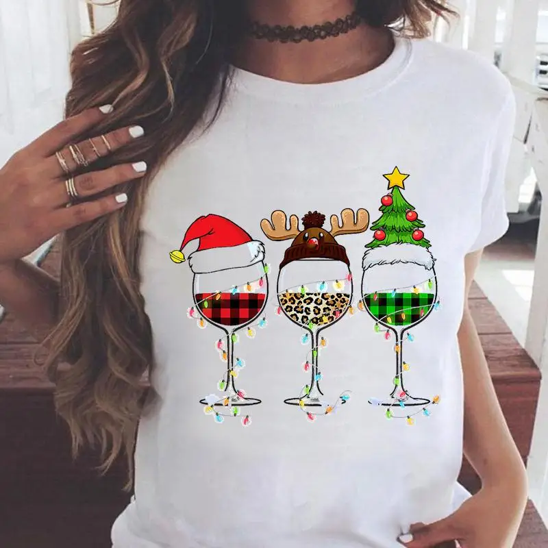 

Layoug Merry Christmas Wine Trend Lovely Printed Tees Tops Holiday New Year Clothes T-Shirt Women Female Cartoon Graphic T-Shirt